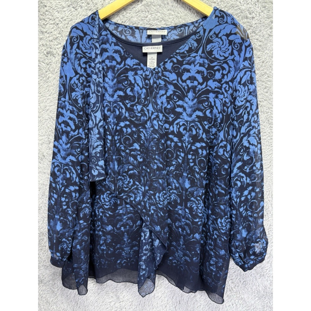 Catherines Womens Top w/ Tank 2X Blue Floral Sheer Crinkle Crepe Office Feminine